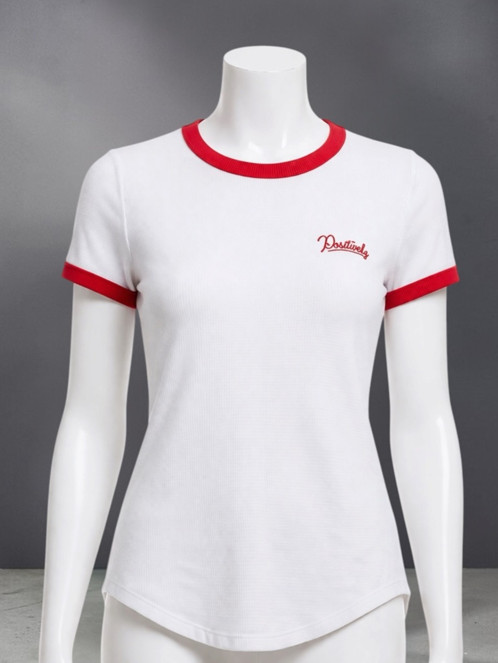 White Ringer Tee with Red Trim and "Positively" Script - Picture 10 of 14